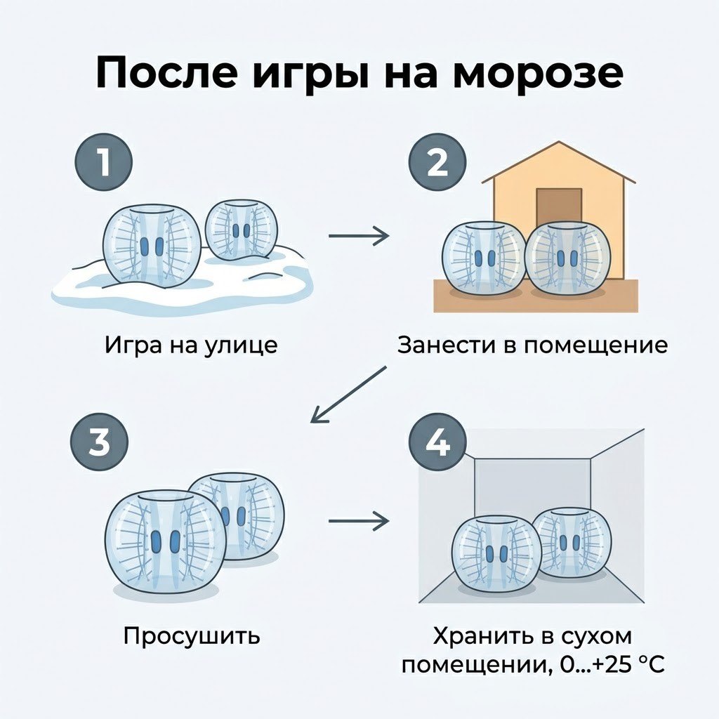 Что делать с бамперболом после игры на морозе: занести в помещение, просушить, хранить в сухом помещении при 0…+25 °C