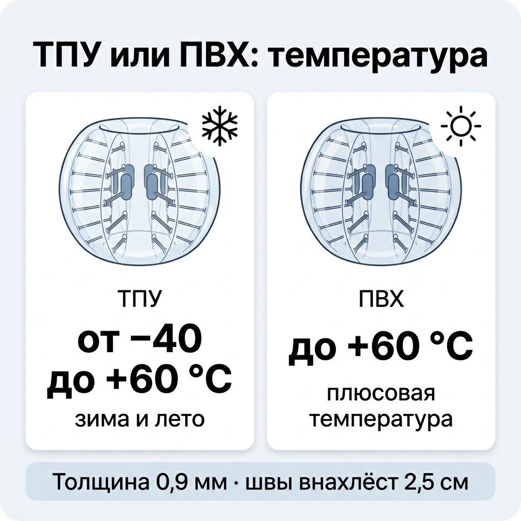 Сравнение бамперболов из ТПУ и ПВХ по температуре: ТПУ от −40 до +60 °C, ПВХ при плюсовой температуре