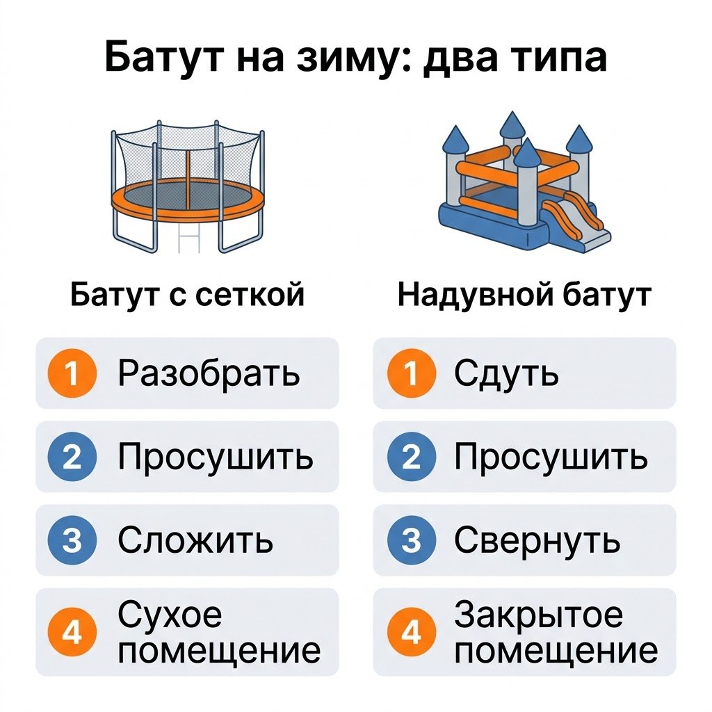 Батут на зиму: порядок подготовки каркасного батута с сеткой и надувного батута