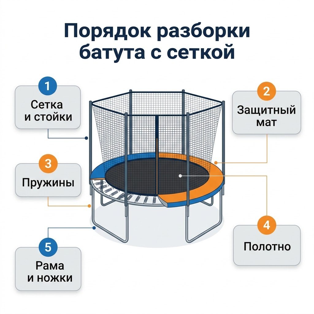Порядок разборки батута с сеткой: сетка и стойки, защитный мат, пружины, полотно, рама и ножки