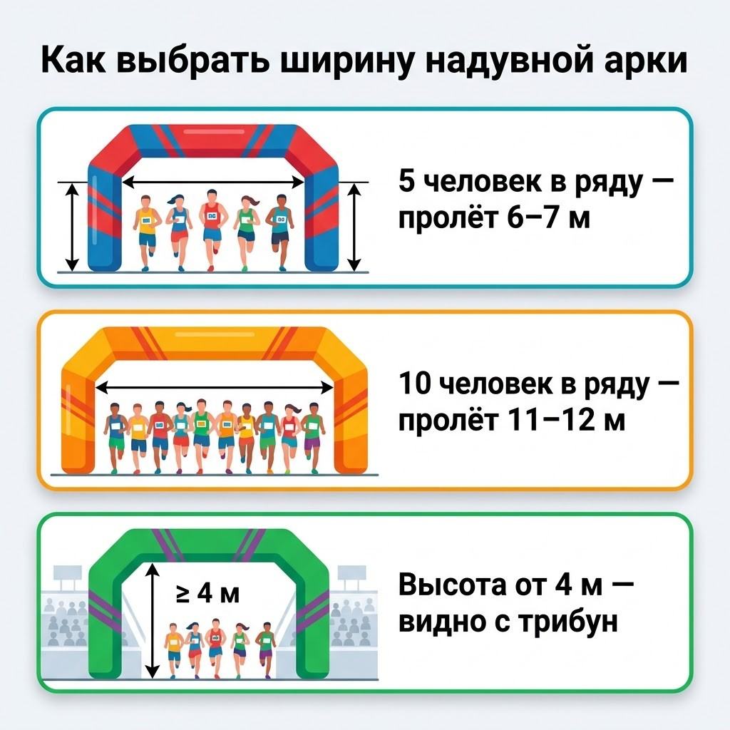 Инфографика: как выбрать ширину надувной арки — сколько людей в ряду и какой пролёт нужен