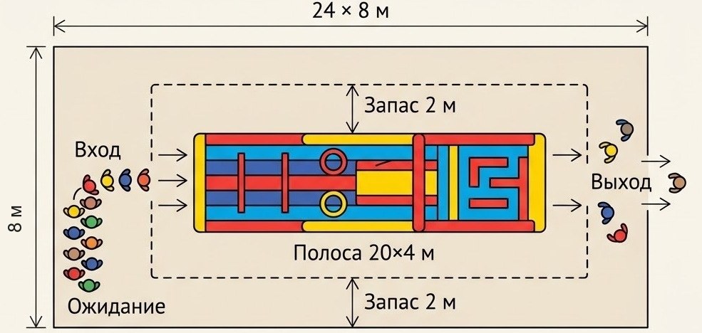 Схема площадки: надувная полоса препятствий 20×4 метра с зонами входа, выхода, ожидания и запасом по периметру