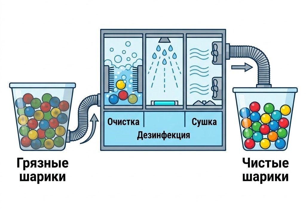 Схема работы шаромойки: шарики проходят очистку и дезинфекцию