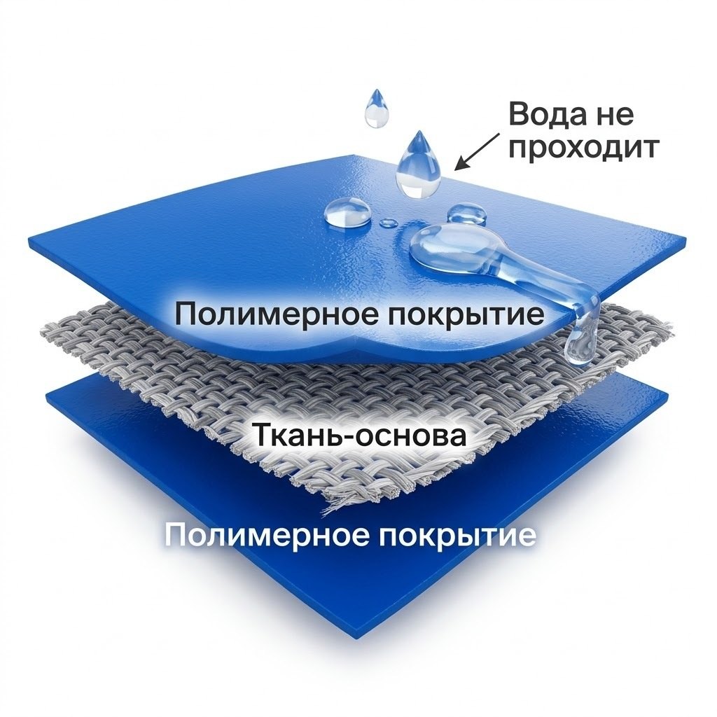 Схема слоёв тарпаулина: покрытие, ткань-основа, покрытие