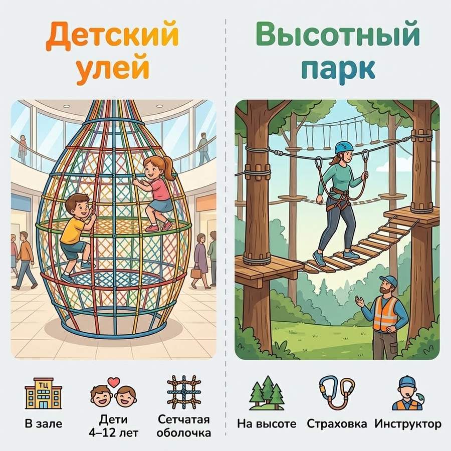 Верёвочный парк-улей для детей и высотный верёвочный парк: сравнение