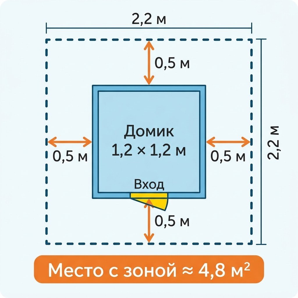 Схема места под игровой домик: размеры домика и свободная зона 0,5 м вокруг