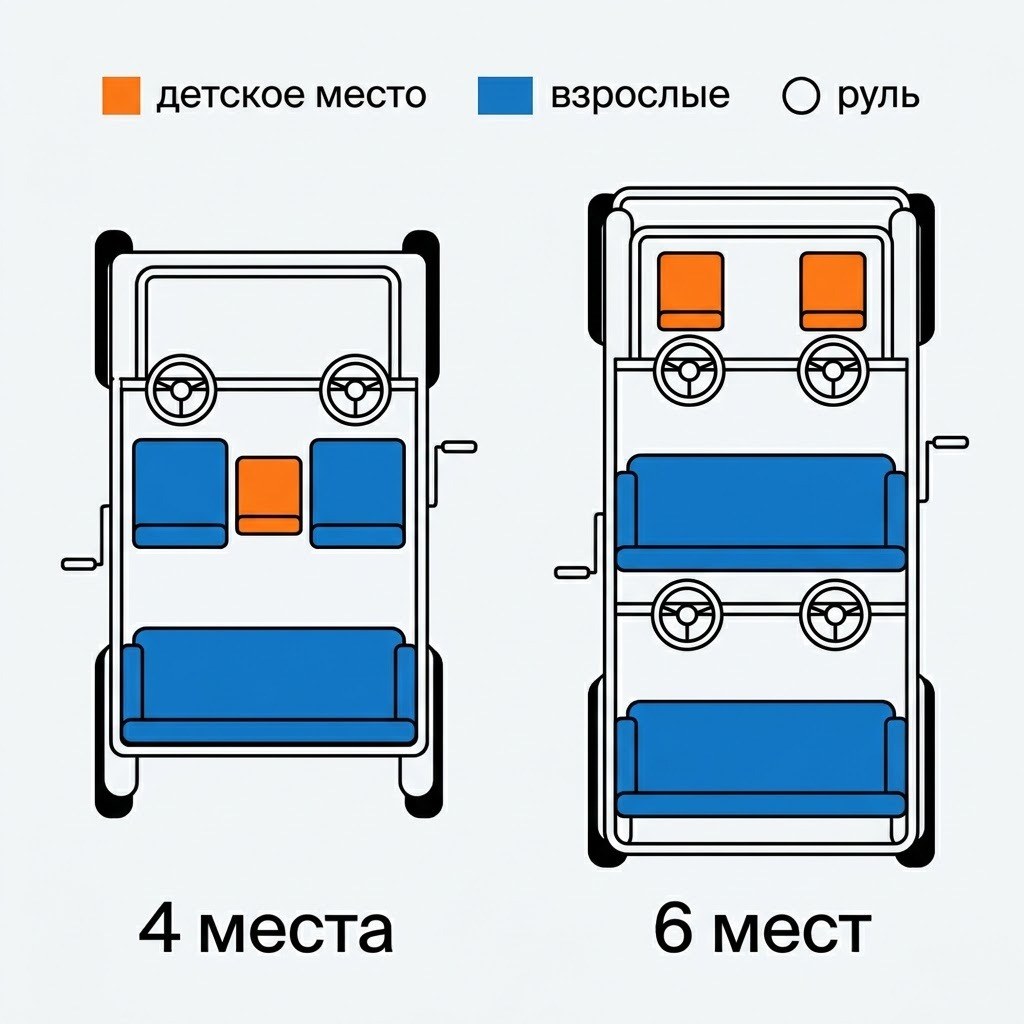 Схема рассадки в 4- и 6-местной велорикше: ряды, руль и педали