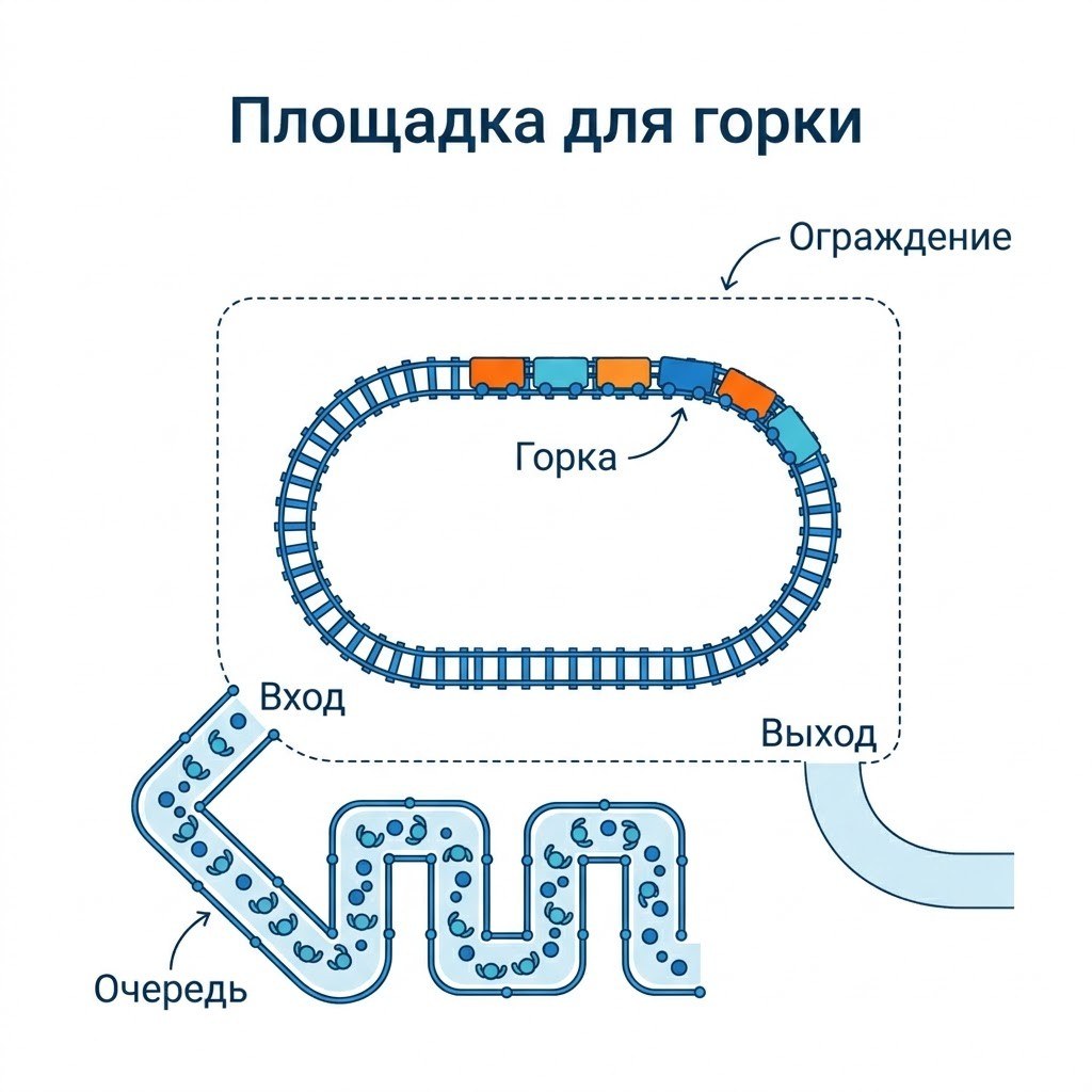 Схема площадки для детских американских горок: аттракцион, очередь и зона ожидания
