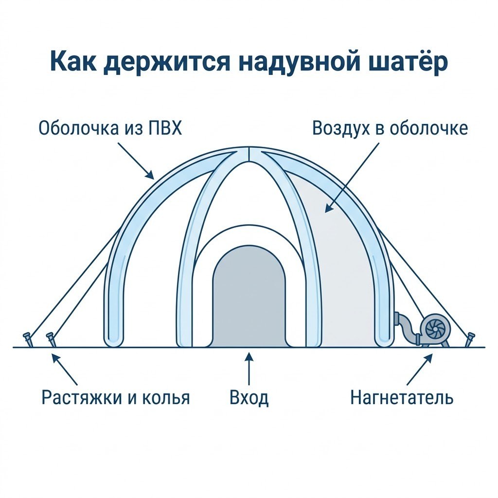 Схема надувного шатра: оболочка, нагнетатель, крепление к земле