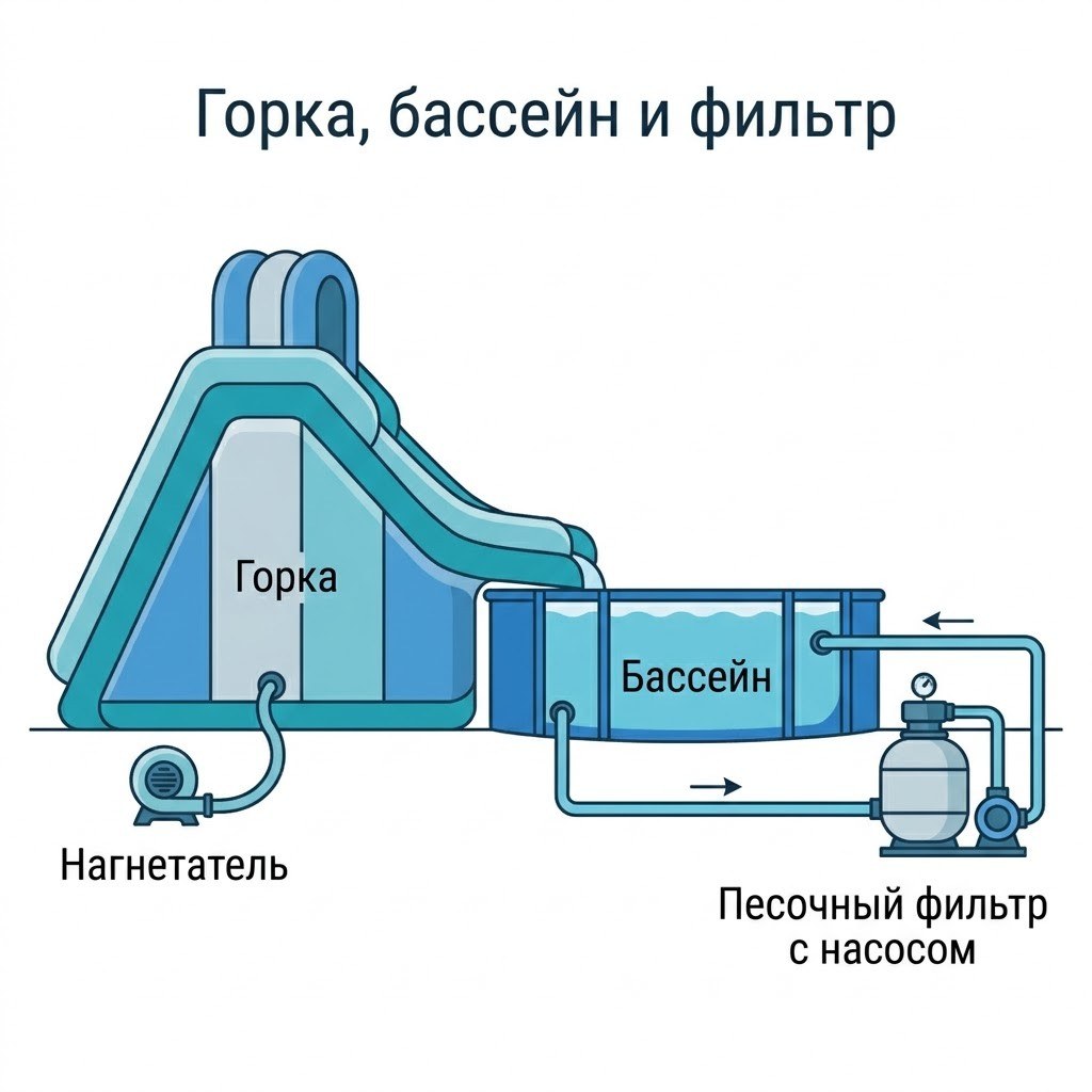 Схема надувной водной горки с бассейном: горка, бассейн, нагнетатель и песочный фильтр