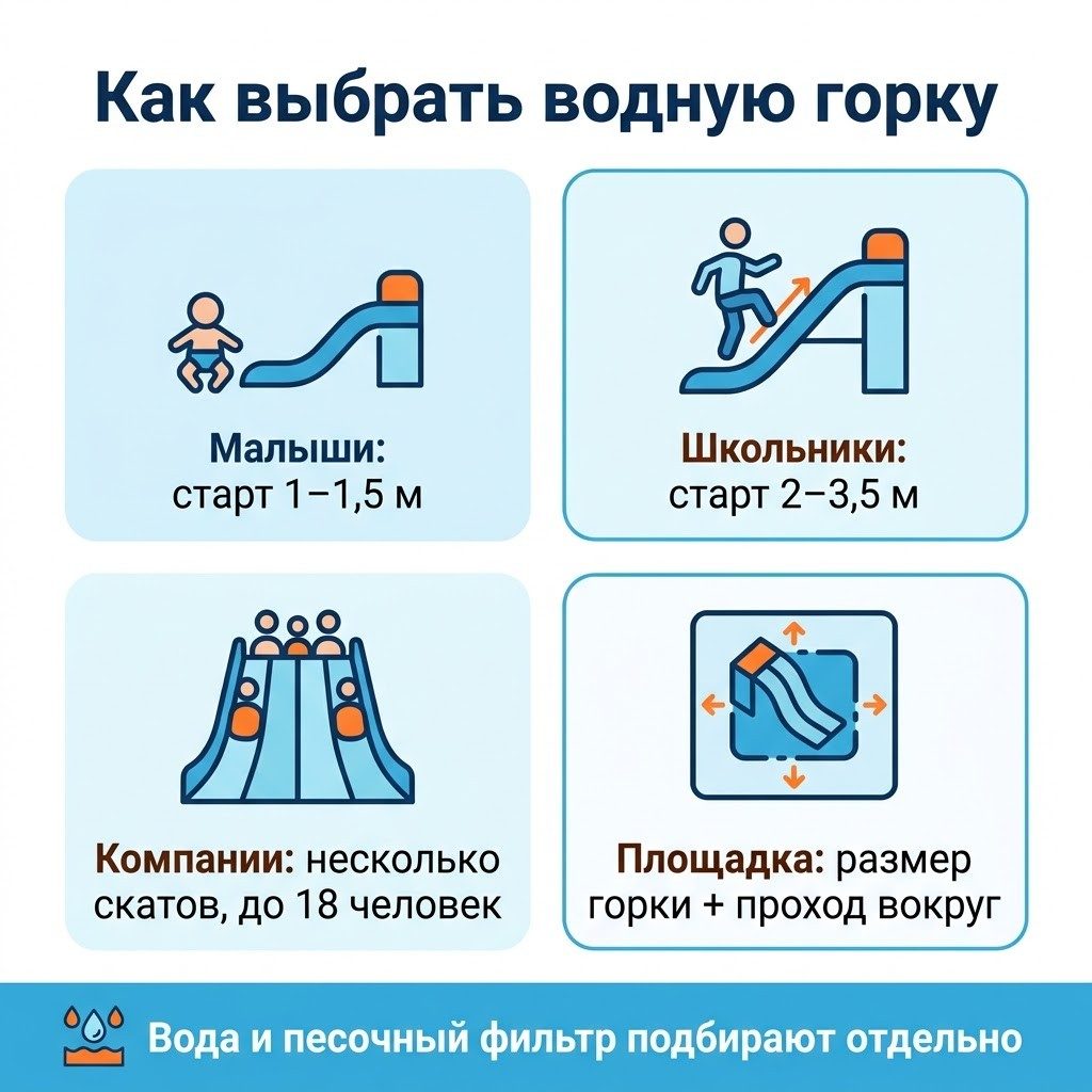 Инфографика: как выбрать надувную водную горку по возрасту, вместимости и площадке