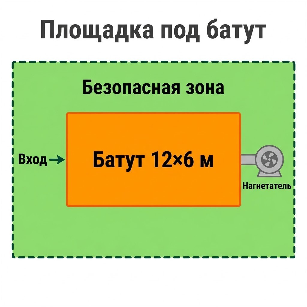 Схема площадки под большой надувной батут: батут, безопасная зона, вход и нагнетатель
