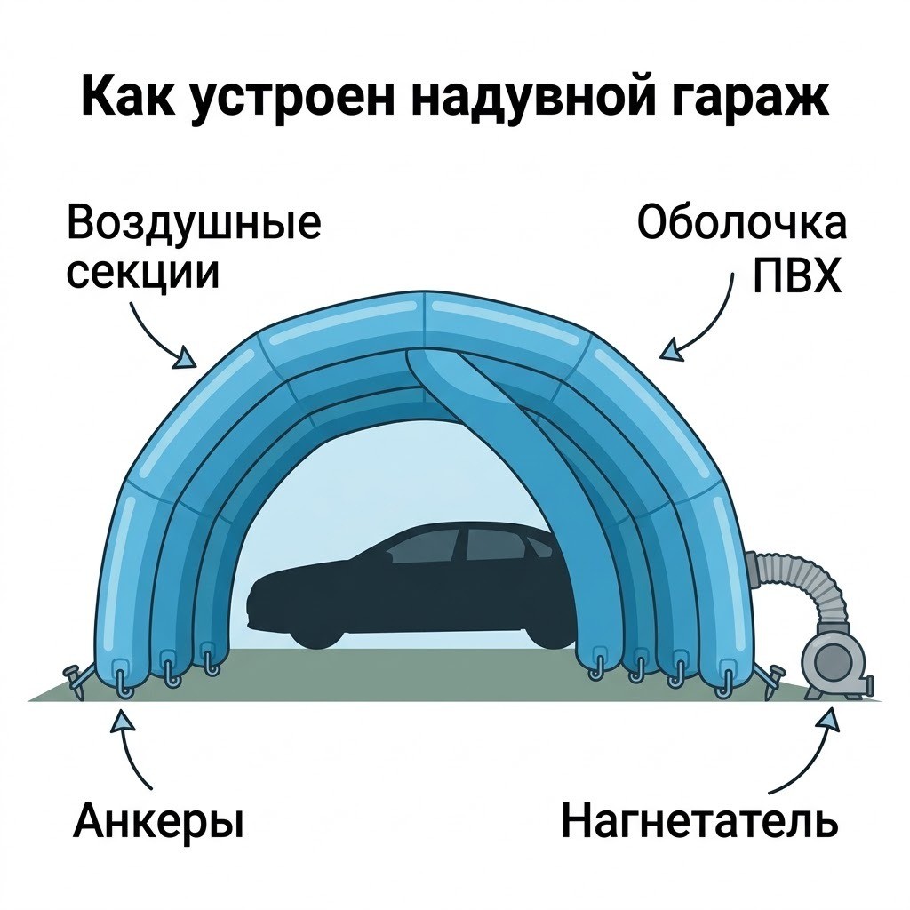Схема надувного гаража для автомобиля: воздушные секции, оболочка ПВХ, анкеры и нагнетатель
