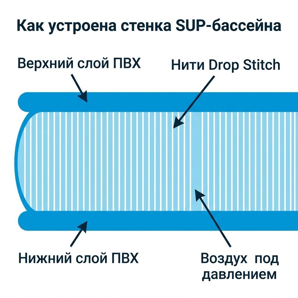 Как устроена стенка SUP-бассейна: слои ПВХ и нити Drop Stitch