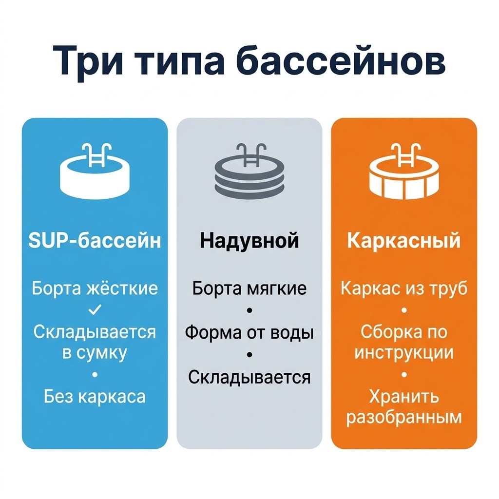 Три типа бассейнов: SUP-бассейн, обычный надувной и каркасный