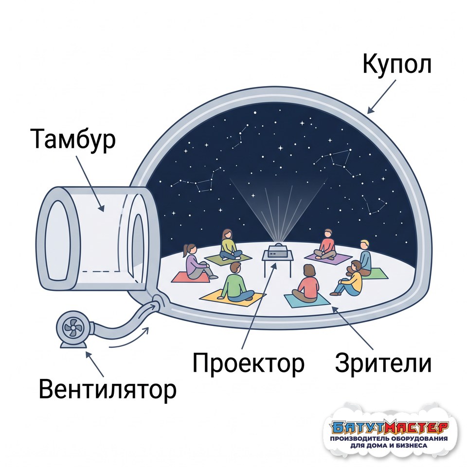 Схема мобильного планетария в разрезе: вентилятор, тамбур, проектор, зрители, купол