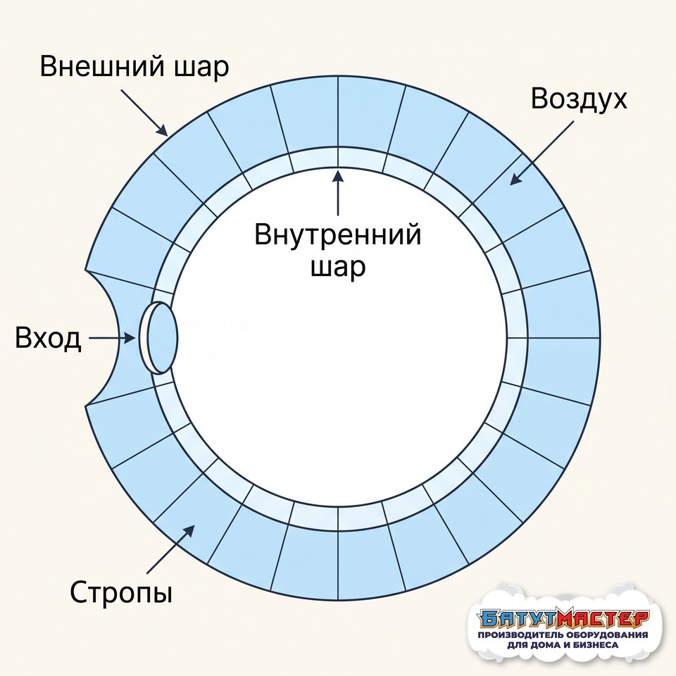 Схема наземного зорба в разрезе: внешний шар, внутренний шар, воздух, стропы и вход