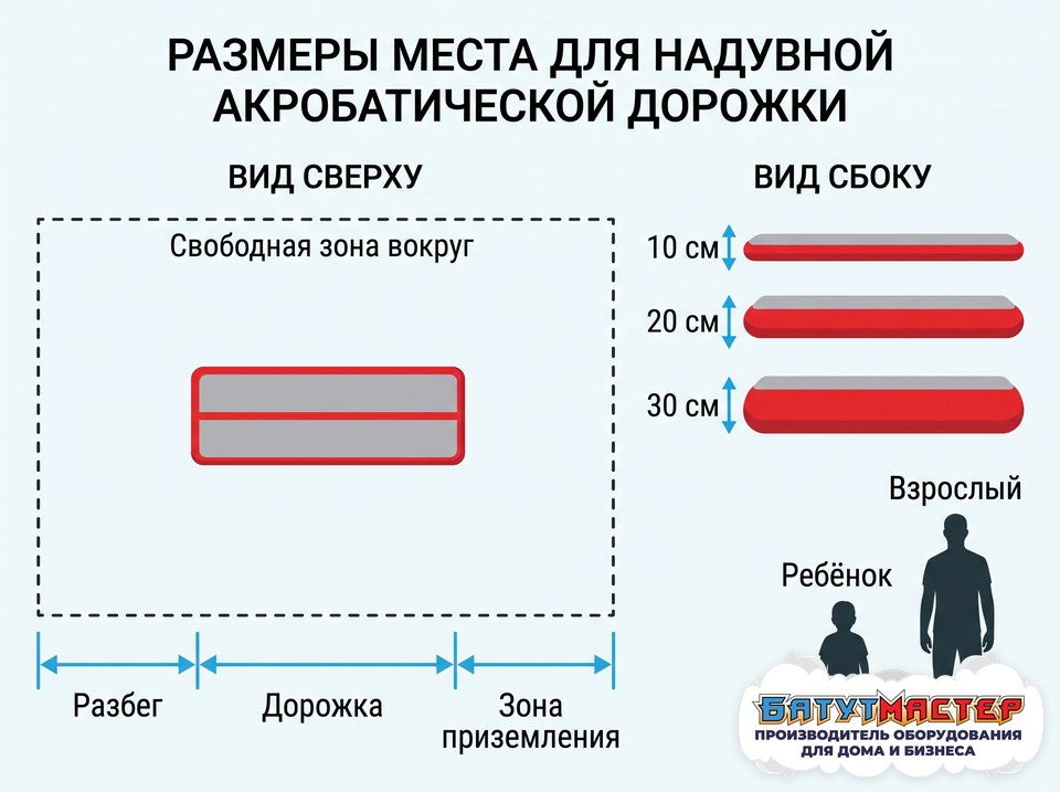 Схема размеров акробатической дорожки: разбег, дорожка, зона приземления и толщины 10, 20 и 30 см