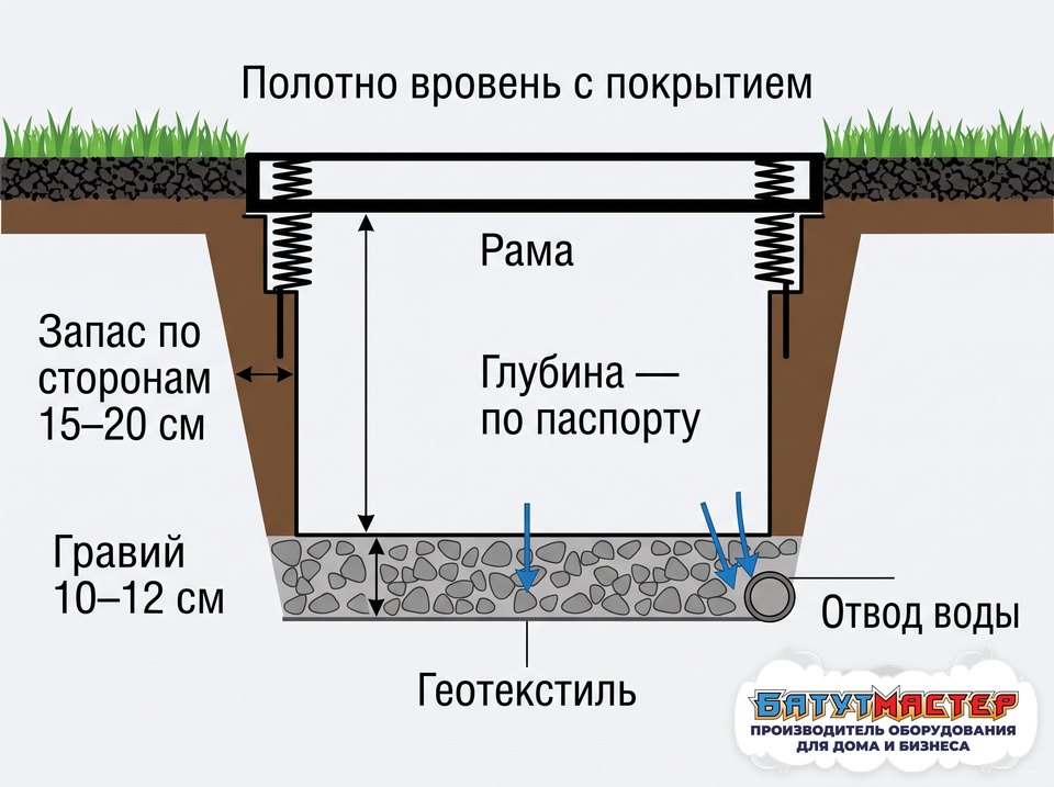 Схема разреза встраиваемого батута: яма, дренаж, рама и полотно вровень с покрытием