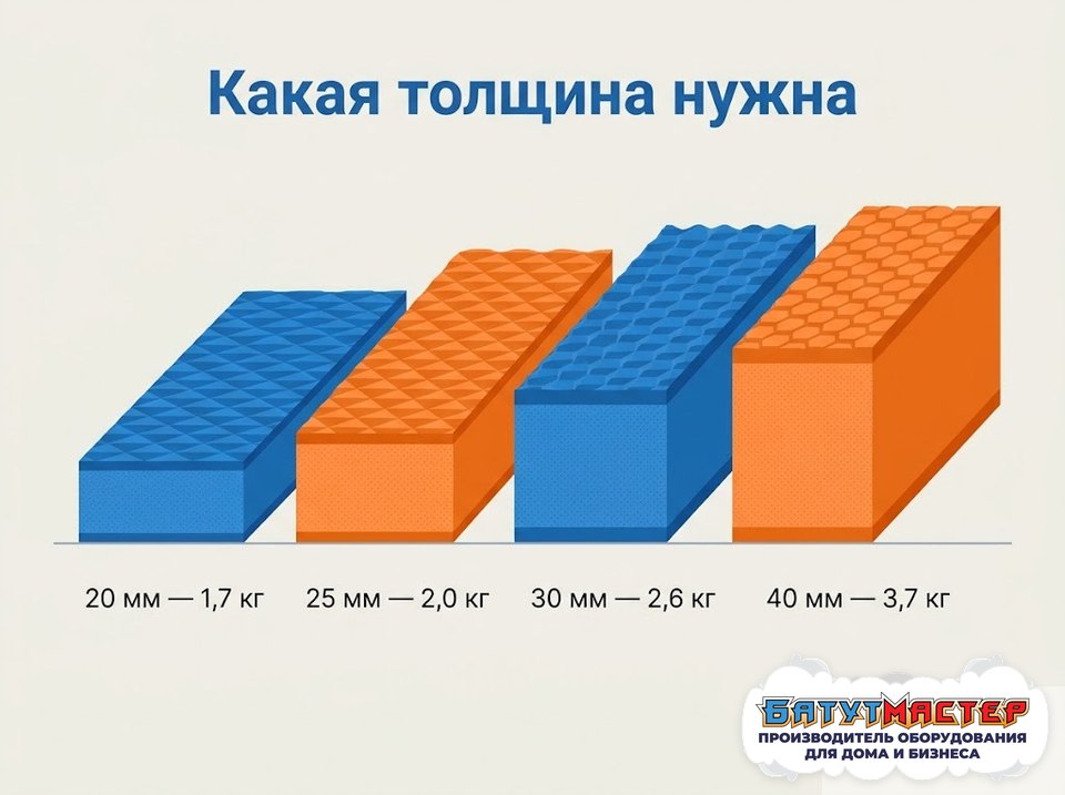 Сравнение толщин будо-матов 20, 25, 30 и 40 мм с весом плитки
