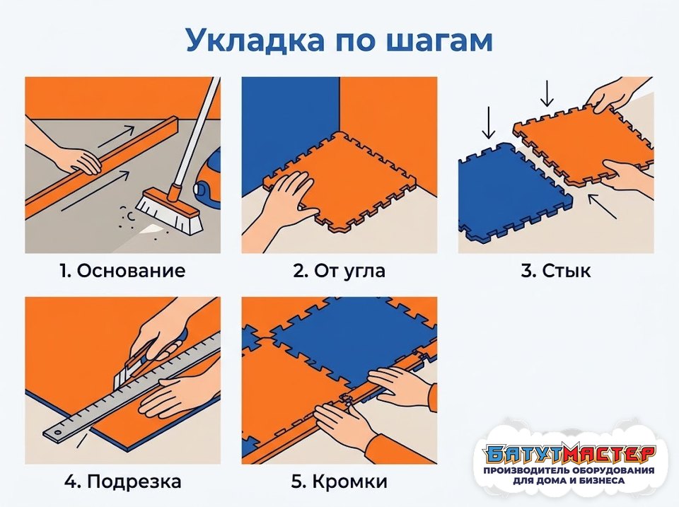 Укладка будо-матов по шагам: основание, от угла, стык, подрезка, кромки