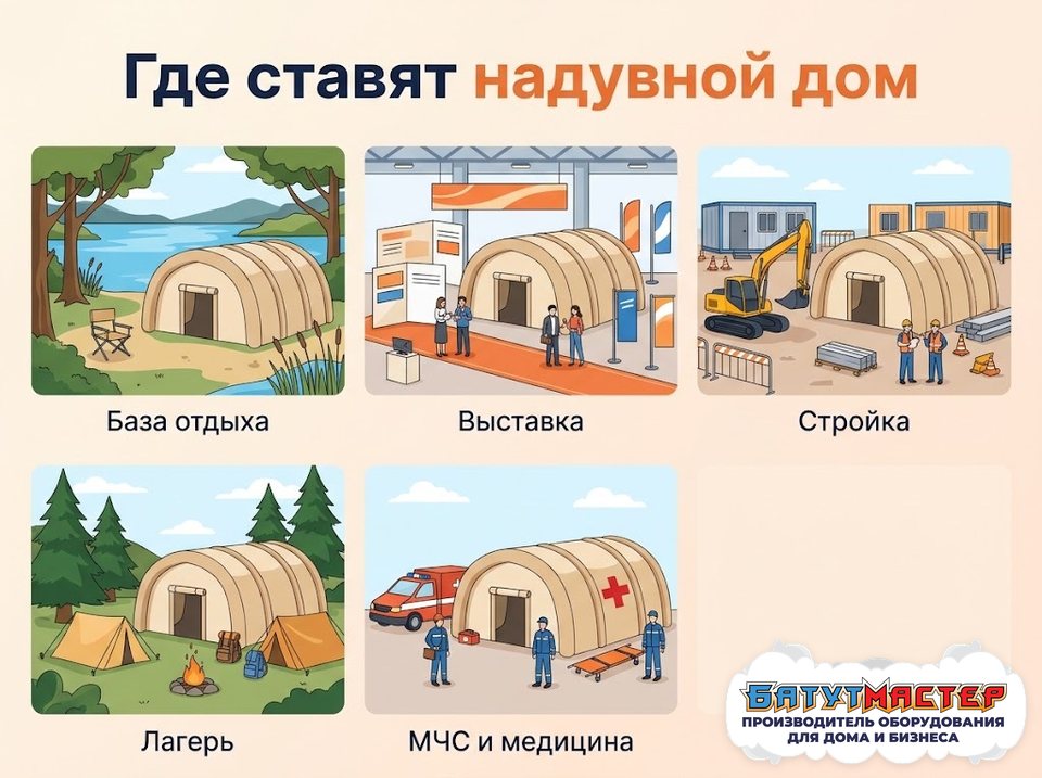 Где ставят надувной дом: база отдыха, выставка, стройка, лагерь, МЧС и медицина