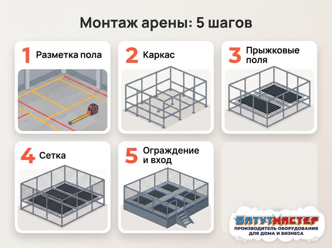 Монтаж арены: 5 шагов — разметка пола, каркас, прыжковые поля, сетка, ограждение и вход