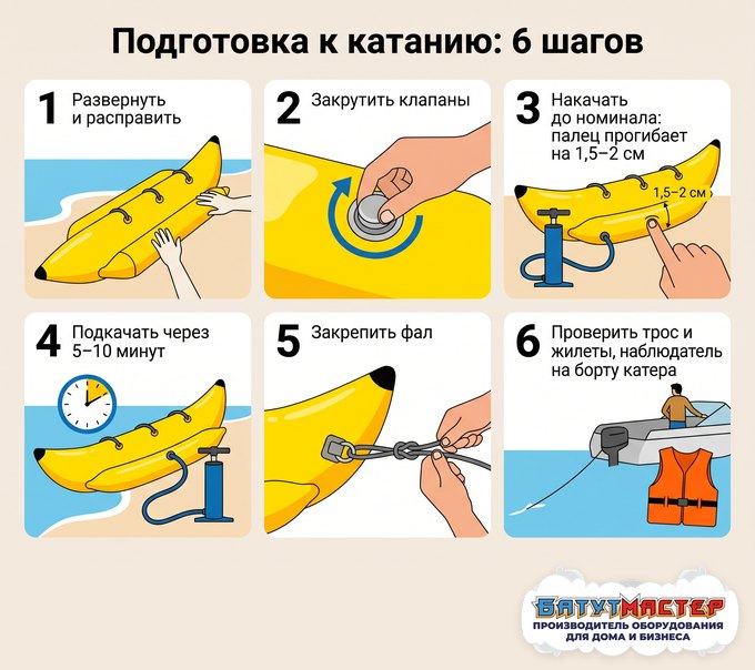Порядок подготовки надувного банана к катанию: осмотр, накачка, проверка, фал, жилеты, инструктаж