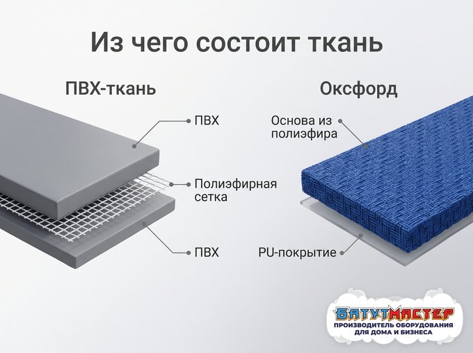 Из чего состоит ткань: ПВХ-ткань (полиэфирная сетка и слой ПВХ с двух сторон) и оксфорд (полиэфирная основа с PU-покрытием)