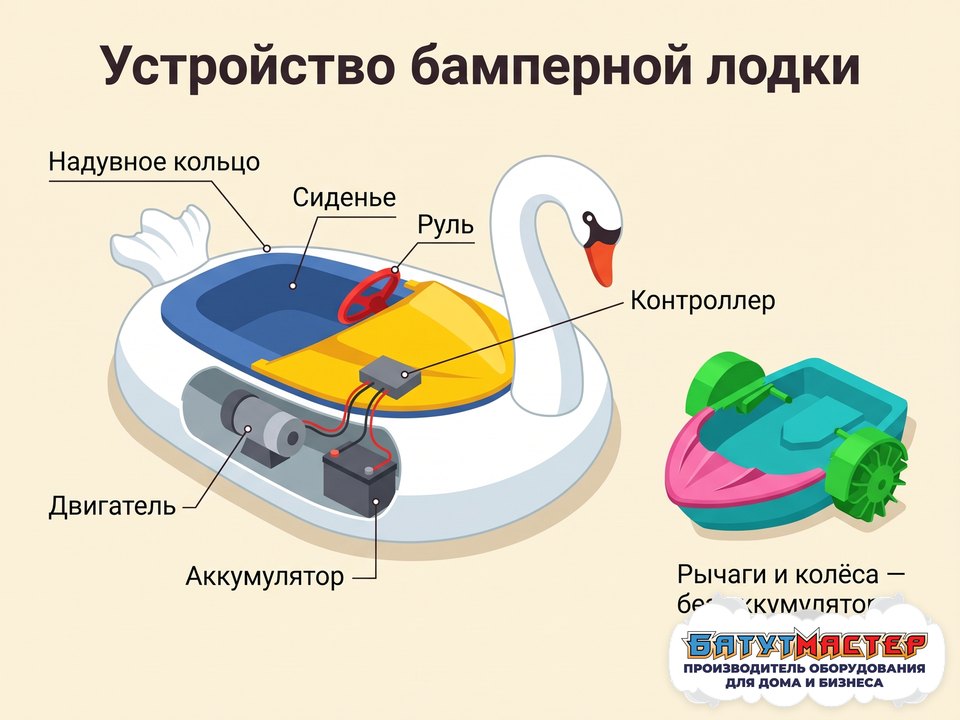 Устройство электрической бамперной лодки: надувное кольцо, сиденье, руль, двигатель, контроллер, аккумулятор; рядом механическая лодка