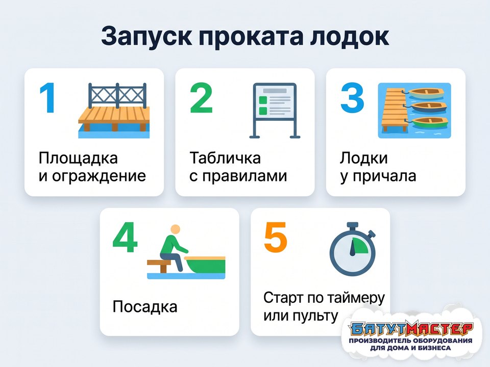 Пять шагов запуска проката бамперных лодок: площадка и ограждение, табличка, лодки у причала, посадка, старт по таймеру или пульту