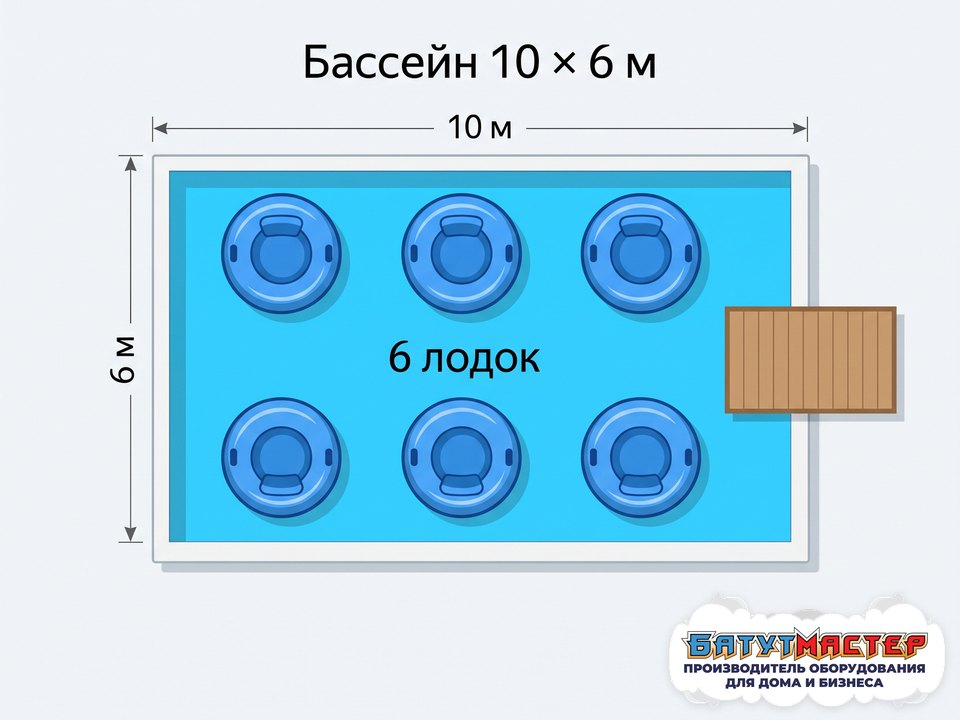 План бассейна 10 на 6 метров с шестью бамперными лодками, пристанью и свободной водой вокруг каждой лодки