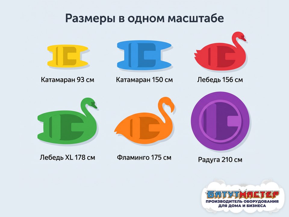 Шесть бамперных лодок в одном масштабе: Катамаран 93 и 150 см, Лебедь 156 см, Лебедь XL 178 см, Фламинго 175 см, Радуга 210 см