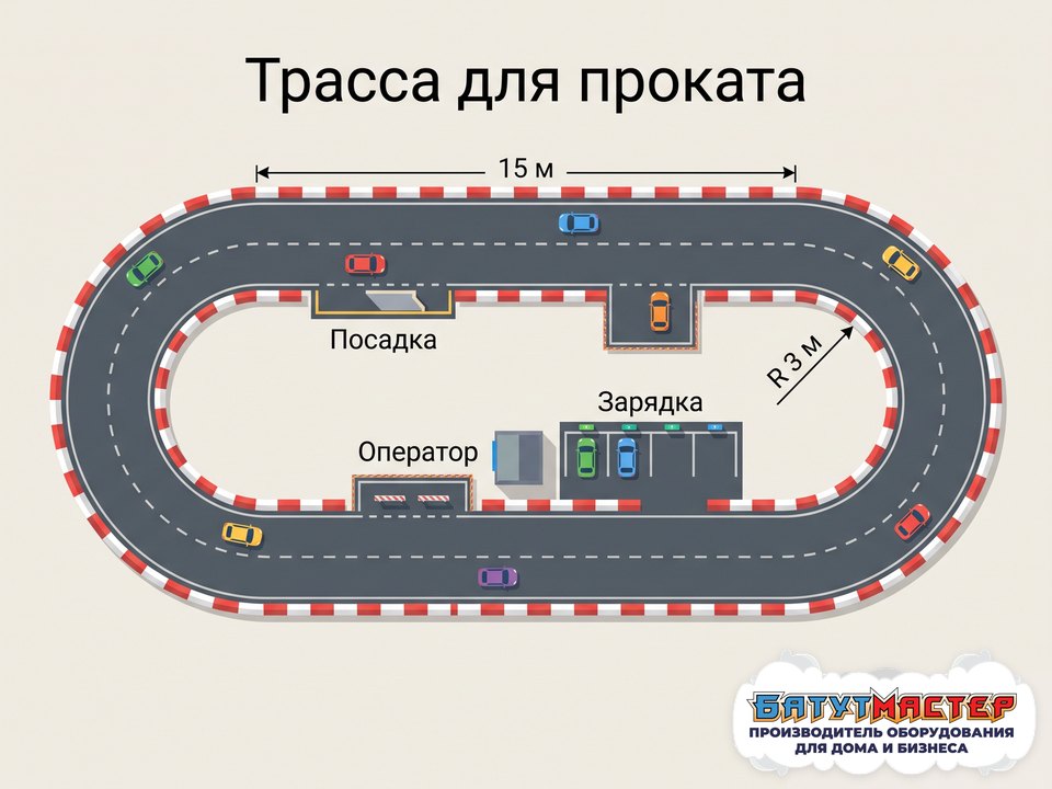 Схема овальной трассы для проката электромобилей: прямые по 15 метров, поворот радиусом 3 метра, зоны посадки, зарядки и оператора