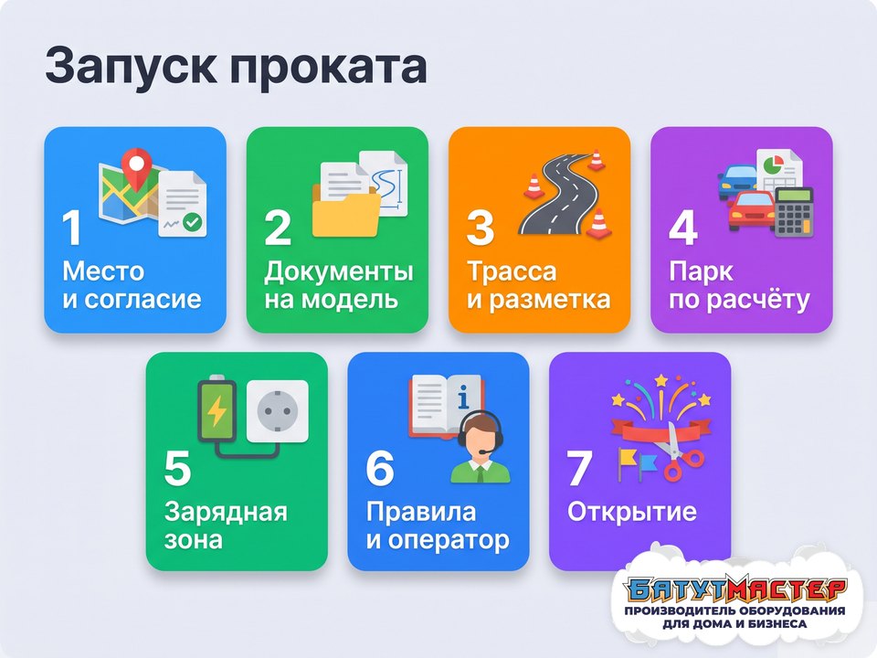 Семь шагов запуска проката электромобилей: место и согласие, документы, трасса и разметка, парк по расчёту, зарядная зона, правила и оператор, открытие