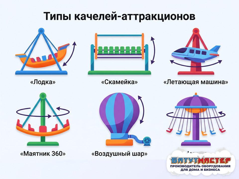 Типы качелей-аттракционов: лодка, скамейка, летающая машина, маятник 360, воздушный шар, цепная