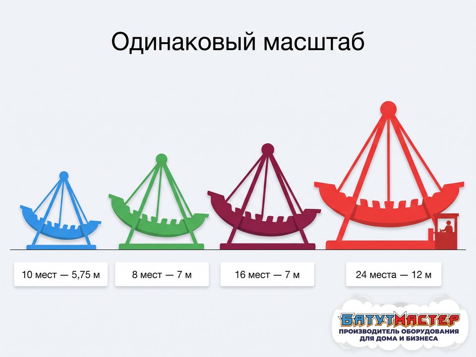 Сравнение размеров четырёх качелей-кораблей в одном масштабе: Морская одиссея, Драккар, Штормовой рейд, Красная жемчужина
