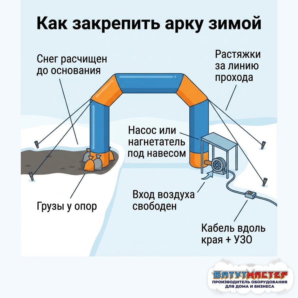 Как закрепить арку зимой: снег расчищен, грузы у опор, растяжки, насос под навесом, кабель с защитой
