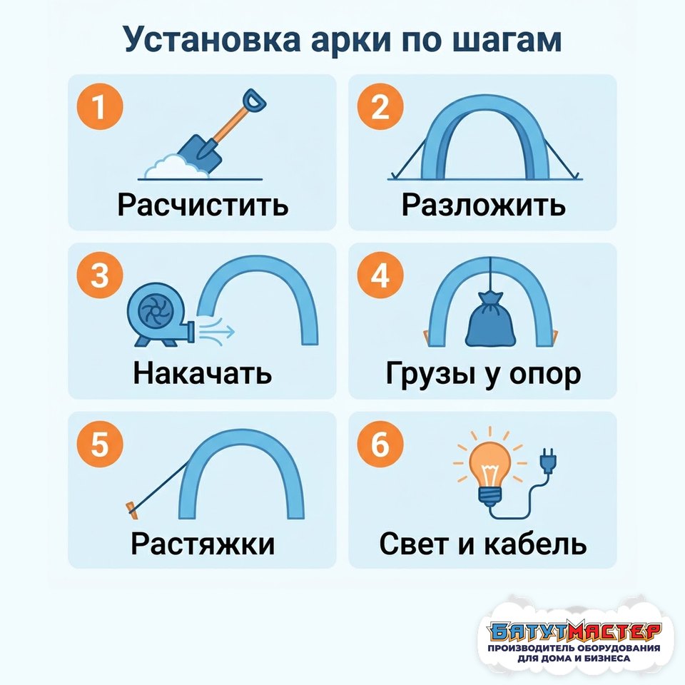 Установка арки по шагам: расчистить, разложить, накачать, грузы у опор, растяжки, свет и кабель