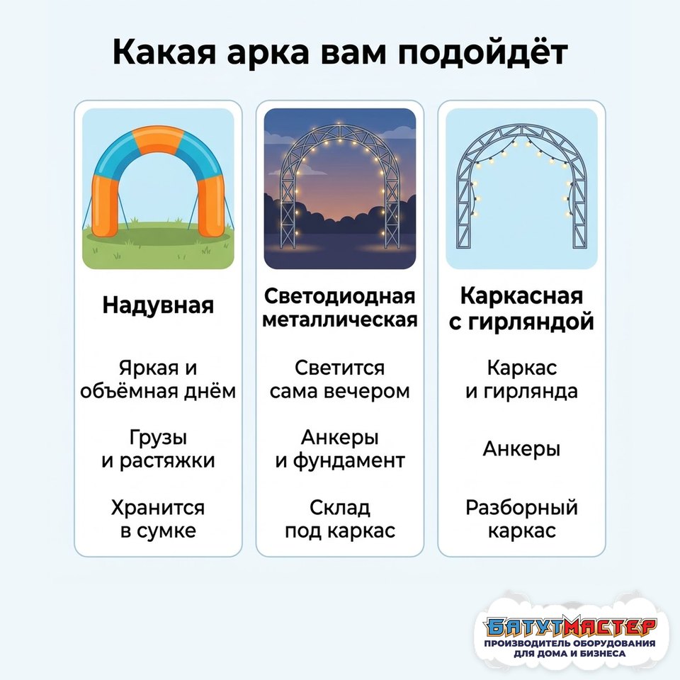 Сравнение арок: надувная, светодиодная металлическая, каркасная с гирляндой