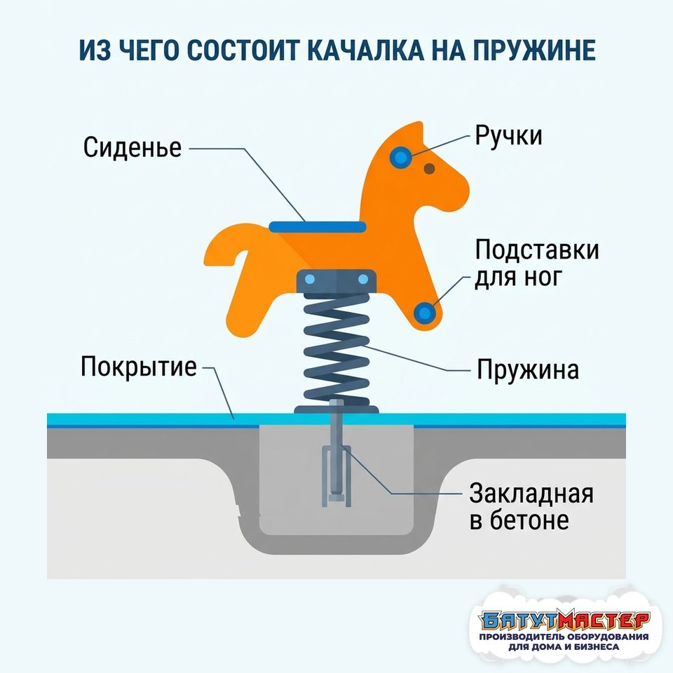 Устройство качалки на пружине: сиденье, ручки, подставки для ног, пружина, закладная в бетоне, покрытие