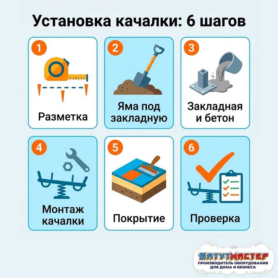 Установка качалки на пружине: разметка, яма под закладную, закладная и бетон, монтаж, покрытие, проверка