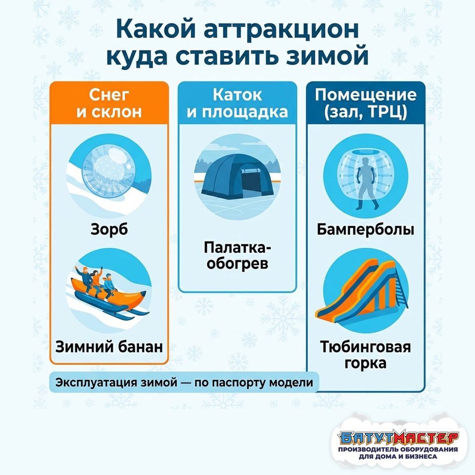 Какой аттракцион куда ставить зимой: снег и склон, каток и площадка, помещение
