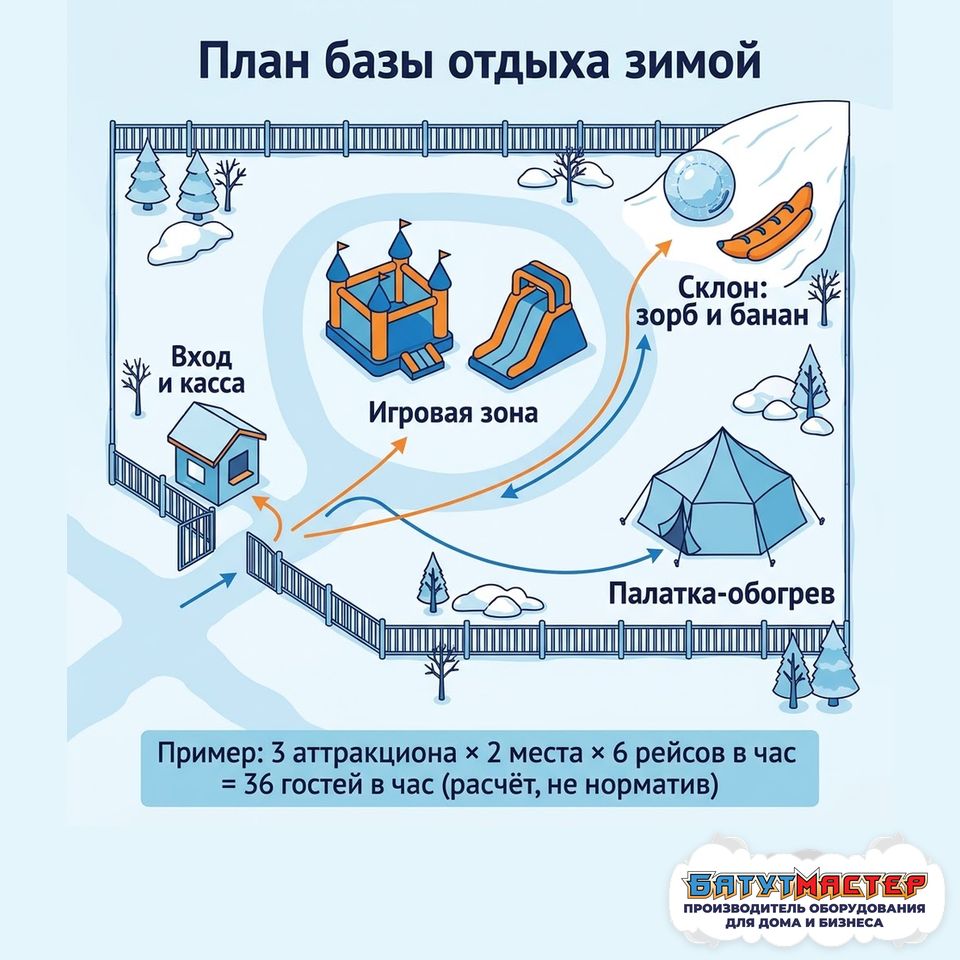План зимней площадки базы отдыха: вход и касса, игровая зона, склон для зорба и банана, палатка-обогрев