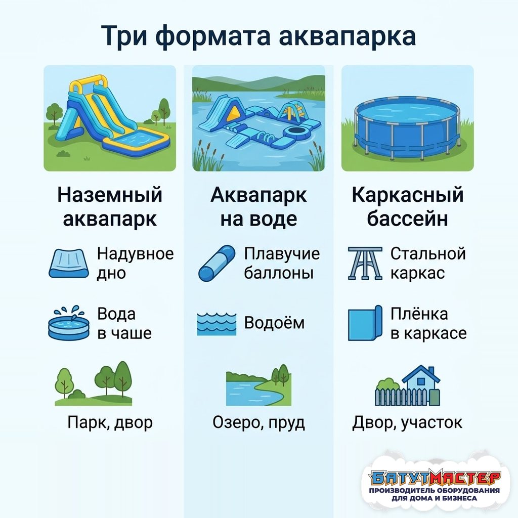 Сравнение трёх форматов: наземный надувной аквапарк, аквапарк на воде и каркасный бассейн