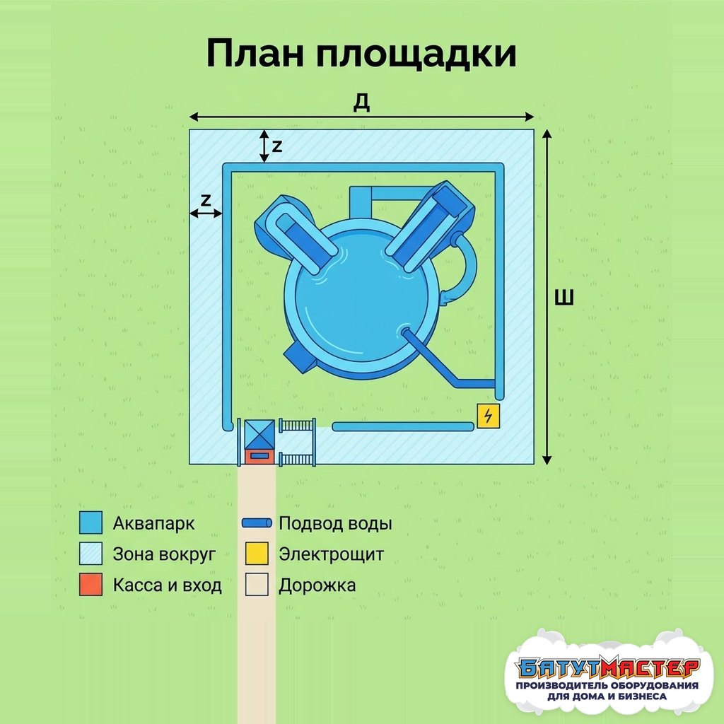 Площадка под наземный аквапарк, вид сверху: габарит модели, зона вокруг, вход и касса, подвод воды, электрощит