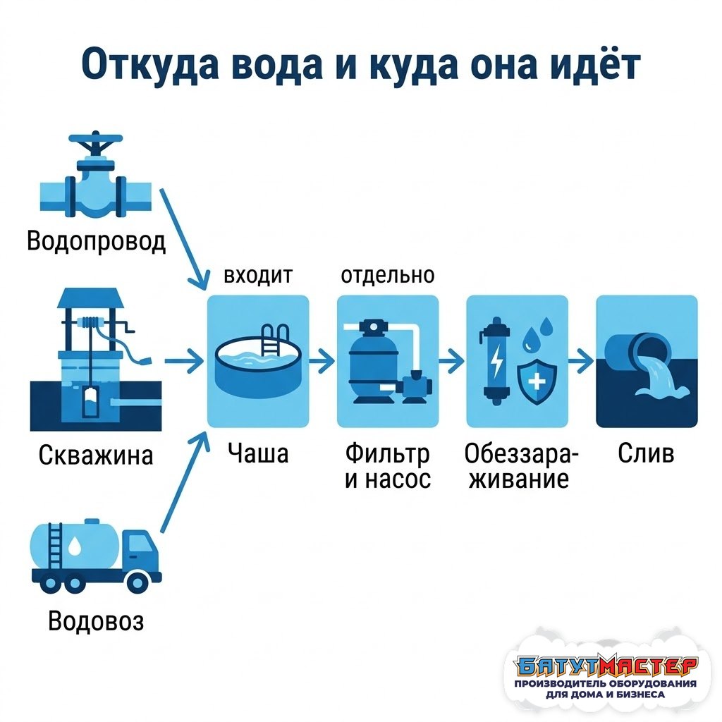 Путь воды в наземном аквапарке: источник, чаша, фильтр с насосом, обеззараживание, слив