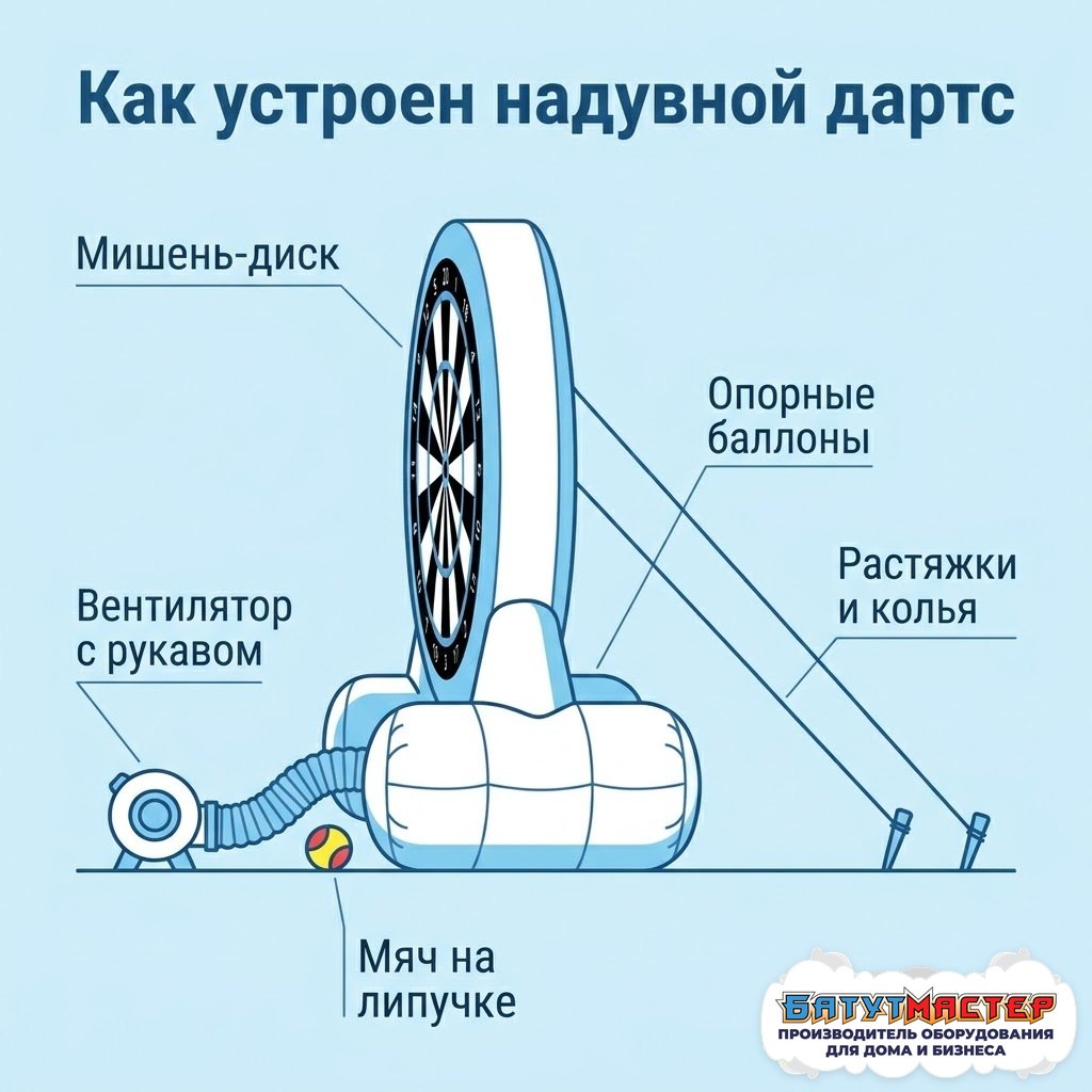 Устройство надувного дартса: мишень-диск, опорные баллоны, растяжки, вентилятор с рукавом, мяч на липучке