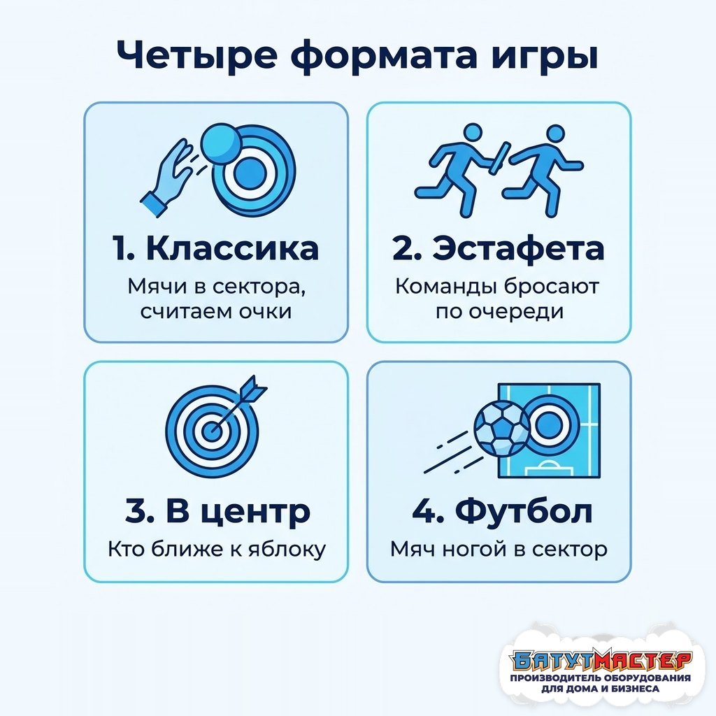 Четыре формата игры в надувной дартс: классика, эстафета, попади в центр, футбольный