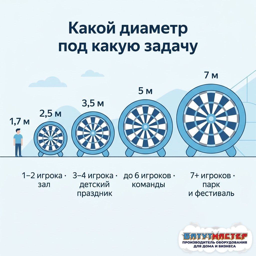 Сравнение диаметров надувного дартса 2,5, 3,5, 5 и 7 метров рядом с человеком ростом 1,7 метра